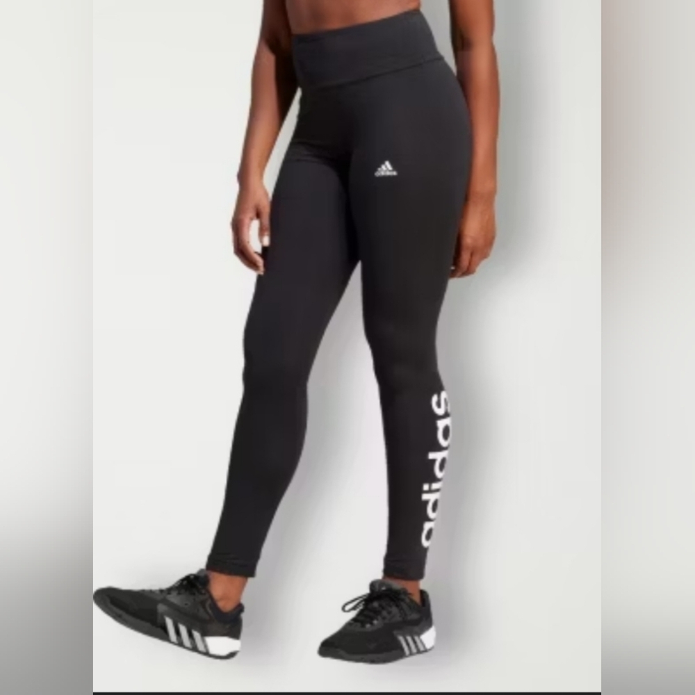 Adidas Ultra Black High Rise Full Length Tight Leg Spellout Logo Size Small